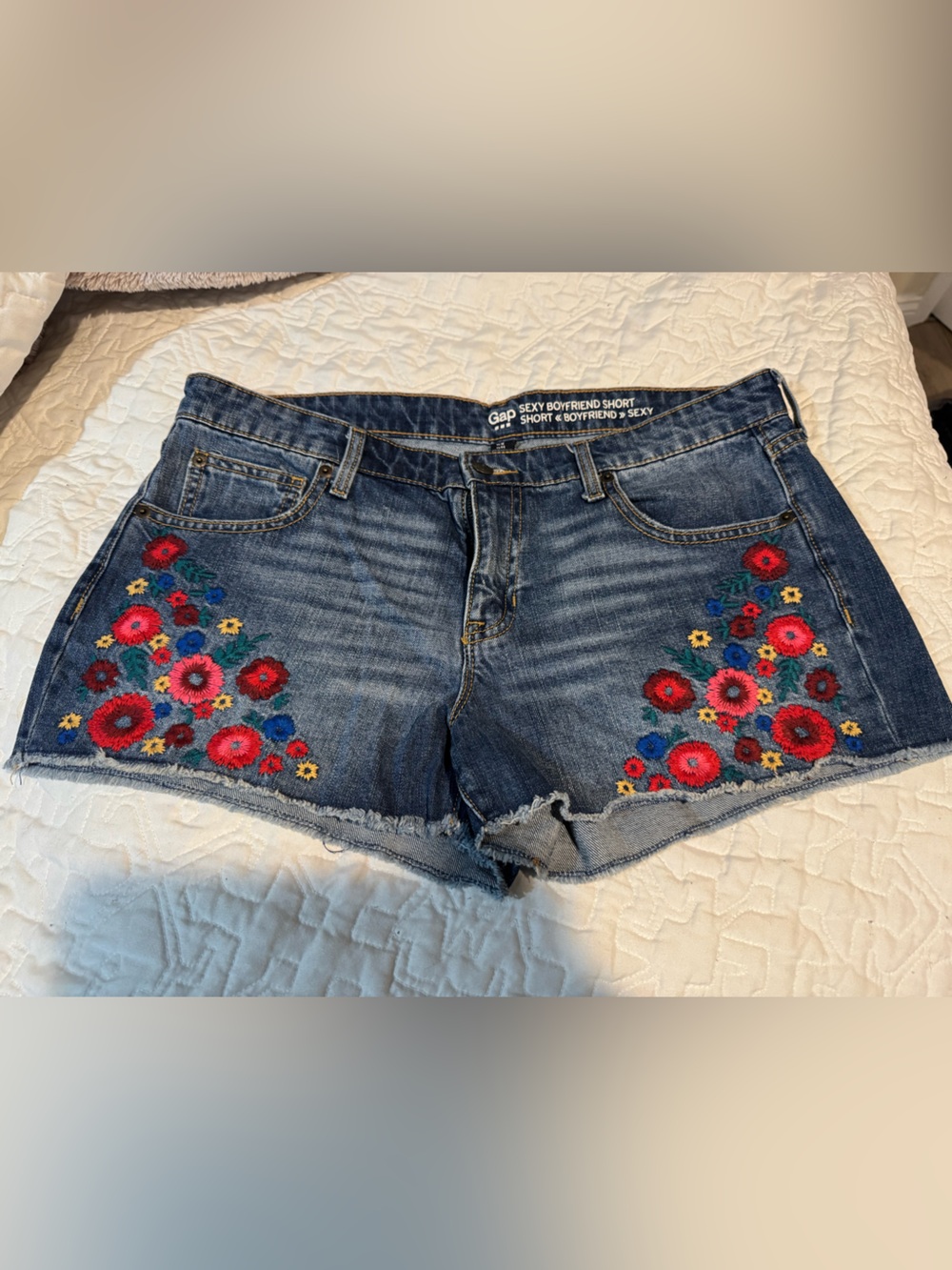 GAP Mid-Blue Denim Shorts with Multicolor Floral Embroidery